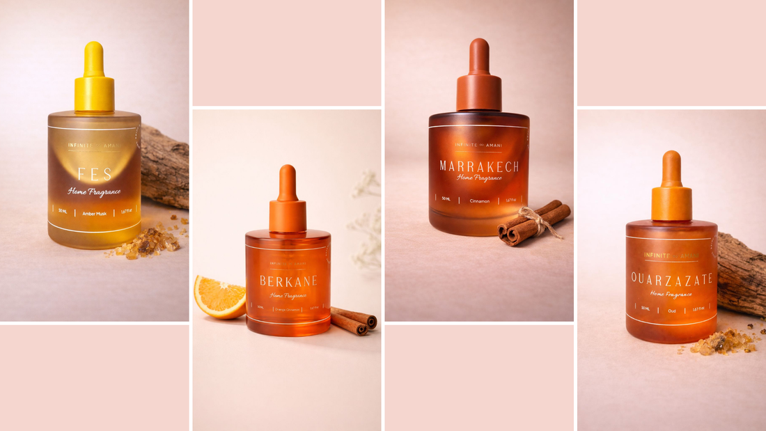 Welke geurolie past bij jou? Linkerplaatje is Fes die heeft de geur ambermusk. Daarnaast heb je Berkane heeft de geur sinaasappel kaneel. Daarnaast heb je Marrakech, heeft de geur kaneel. Het rechterplaatje bevat onze geurolie Ouarzazate met de geur Oud