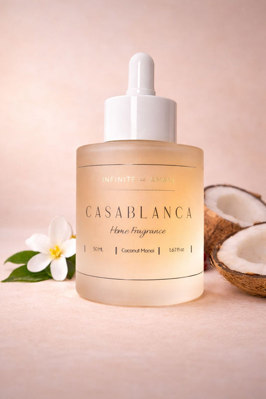 INFINITE AMANI Luxe geurolie Casablanca – zachte en warme kokos monoi huisgeur voor een comfortabele sfeer